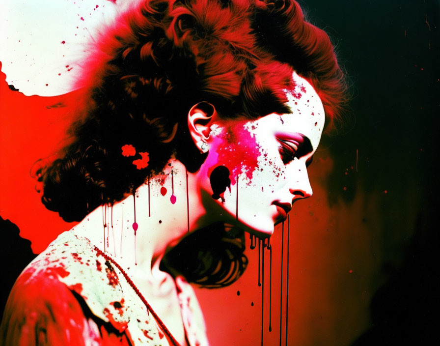 Woman portrait with red and white paint splatters on dark background