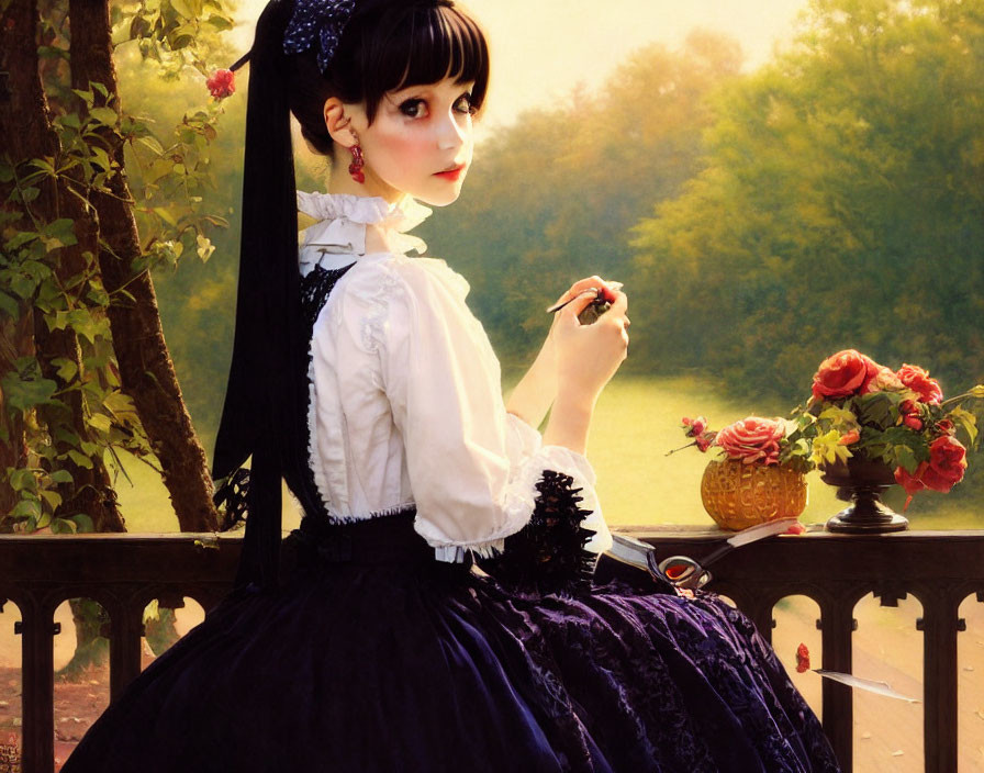 Vintage dressed woman pensively sitting by railing with book and pen, lush greenery.