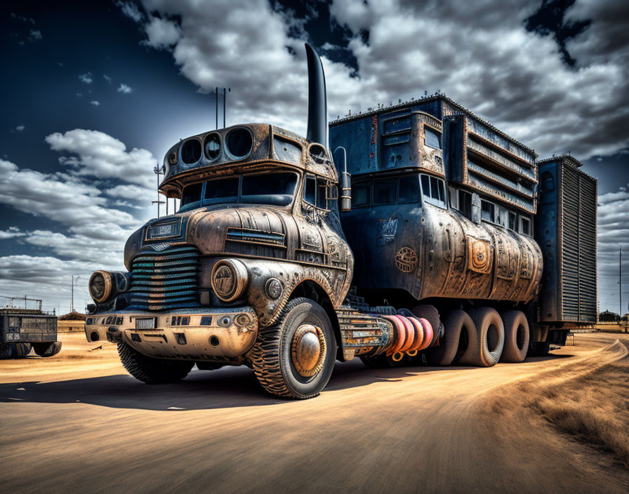 Post-apocalyptic truck with rugged armor and multiple exhausts driving under dramatic sky on deserted road