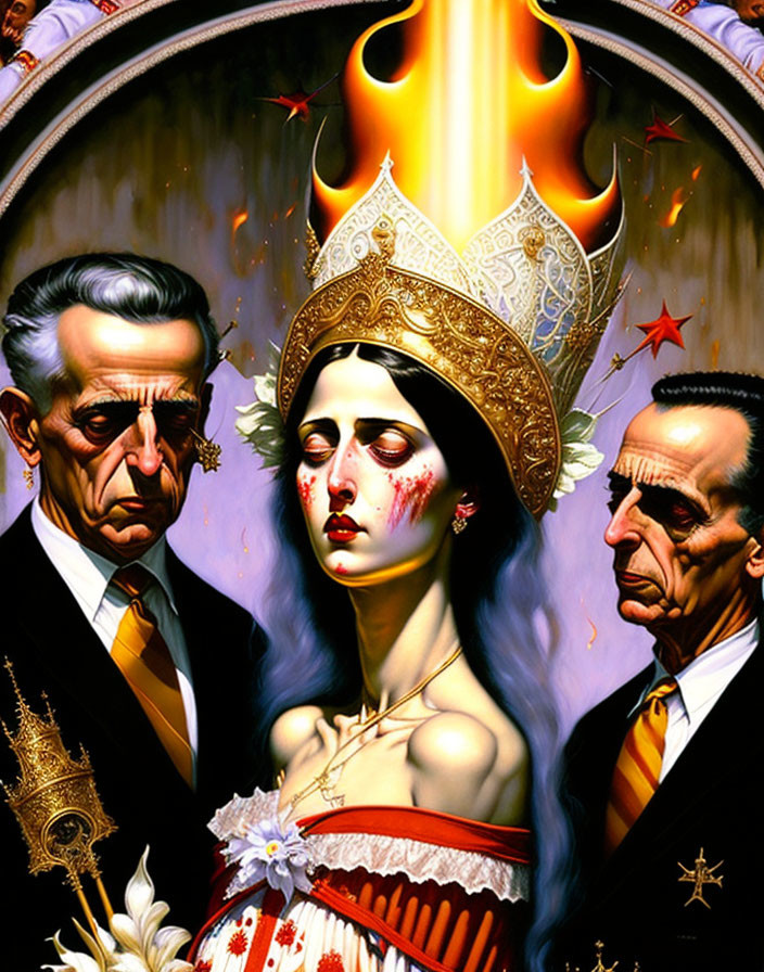 Surreal painting of somber woman, crown, and two men in suits