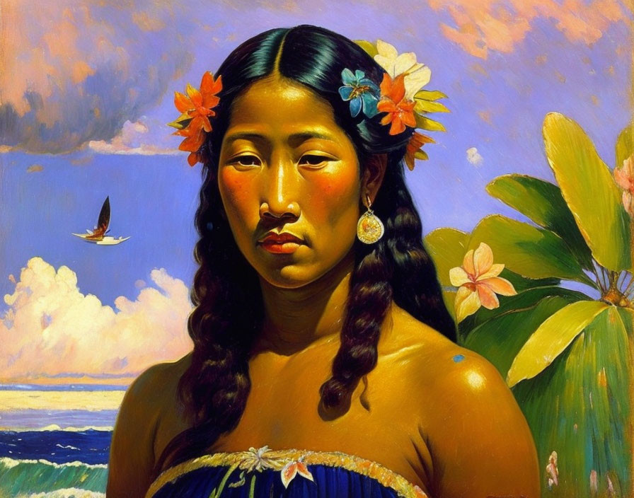 Portrait of Woman with Flowered Hair, Serene Expression, Ocean, Sky, and Bird