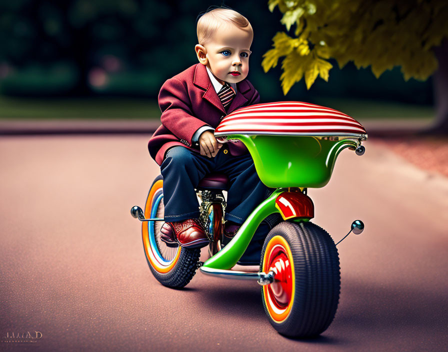 Toddler in sharp suit and tie on classic tricycle in lush green setting