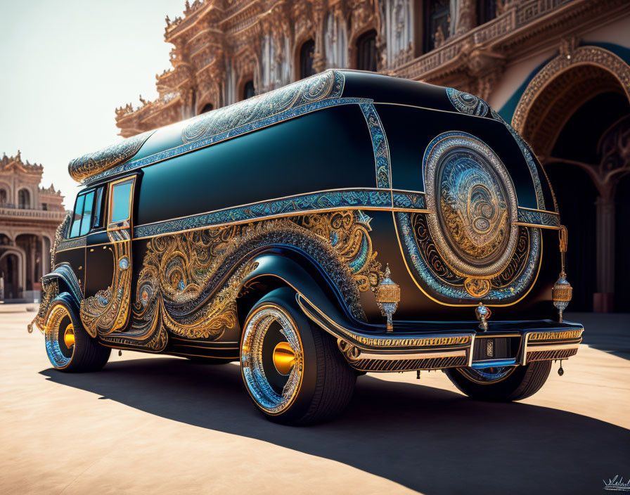 Vintage vehicle with gold embellishments parked in front of classical building