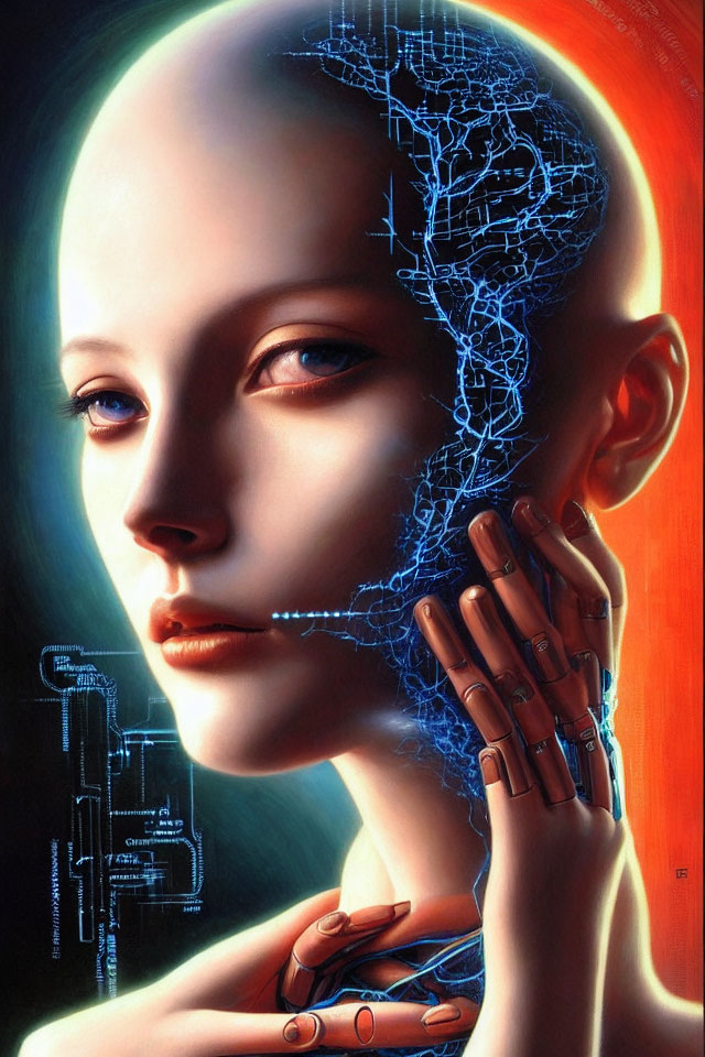 Portrait of Woman with Half Humanoid Robot Face on Colorful Background