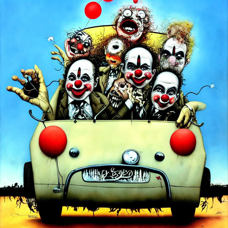 Exaggerated creepy clowns in small car under blue sky