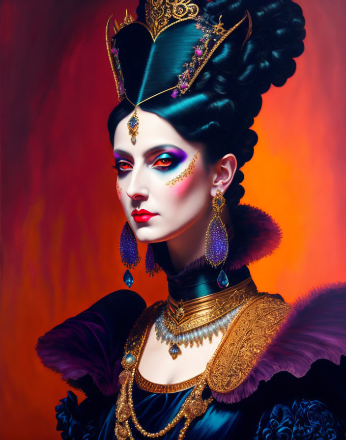 Stylized portrait of woman in Queen of Hearts makeup and regal costume