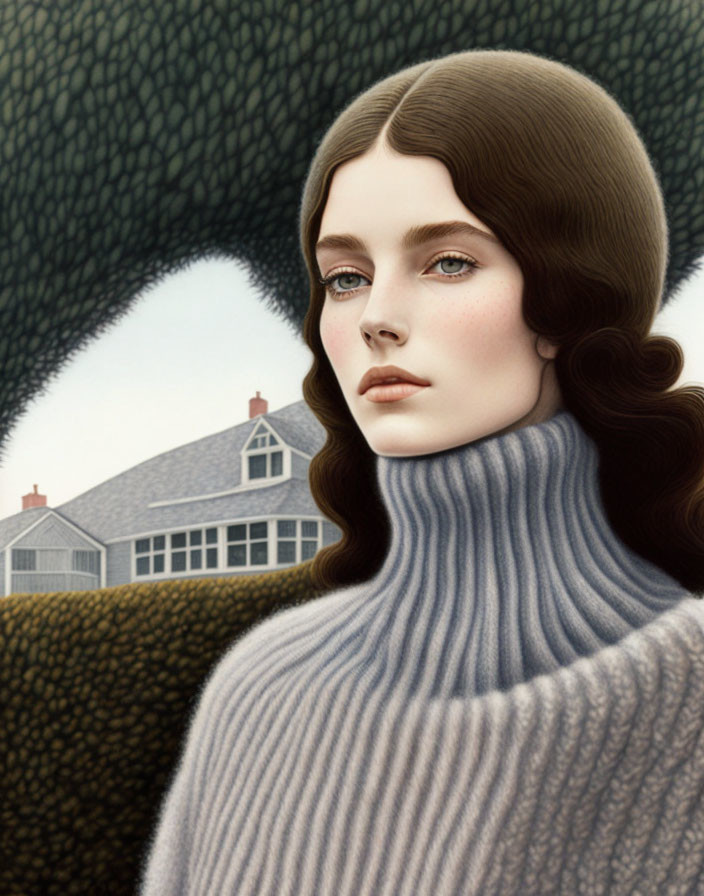 Pensive woman with long brown hair in turtleneck, house and trees backdrop