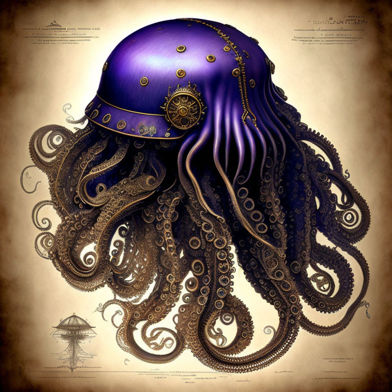 Octopus Illustration: Steampunk Style with Metallic Purple Body & Brass-like Tentacles