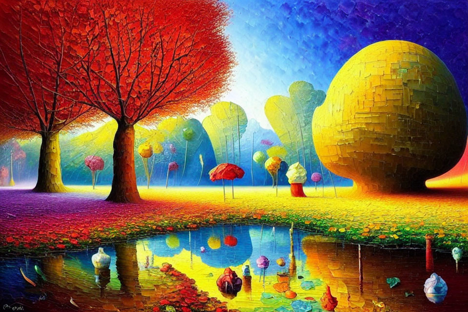 Colorful autumn trees, golden sphere, reflective pond: surreal landscape with ducks under multicolored sky