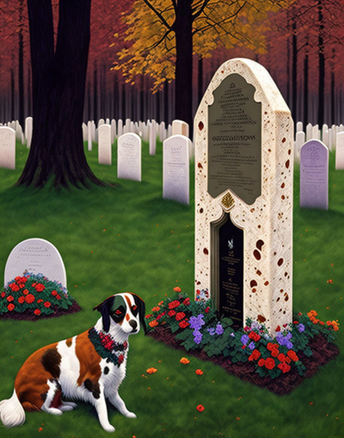 Dog beside unique tombstone in autumnal cemetery surrounded by flowers