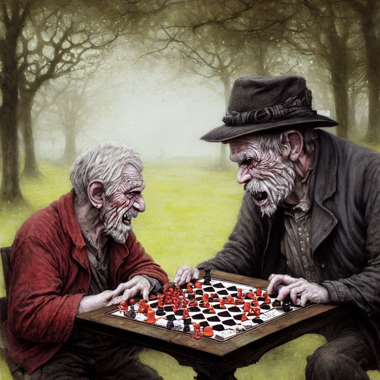 Elderly Men Playing Checkers Outdoors in Foggy Setting