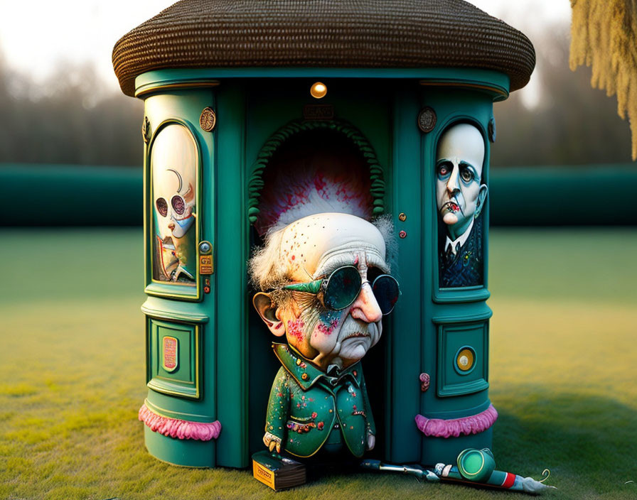 Colorful 3D art: Elderly character in decorated porta-potty at dusk