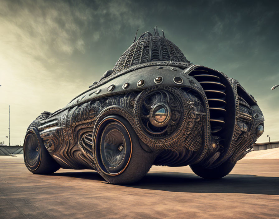 Intricate metalwork design on futuristic vehicle under dramatic sky