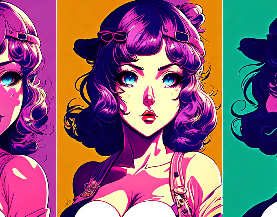 Stylized female character triptych with curly hair and bold colors