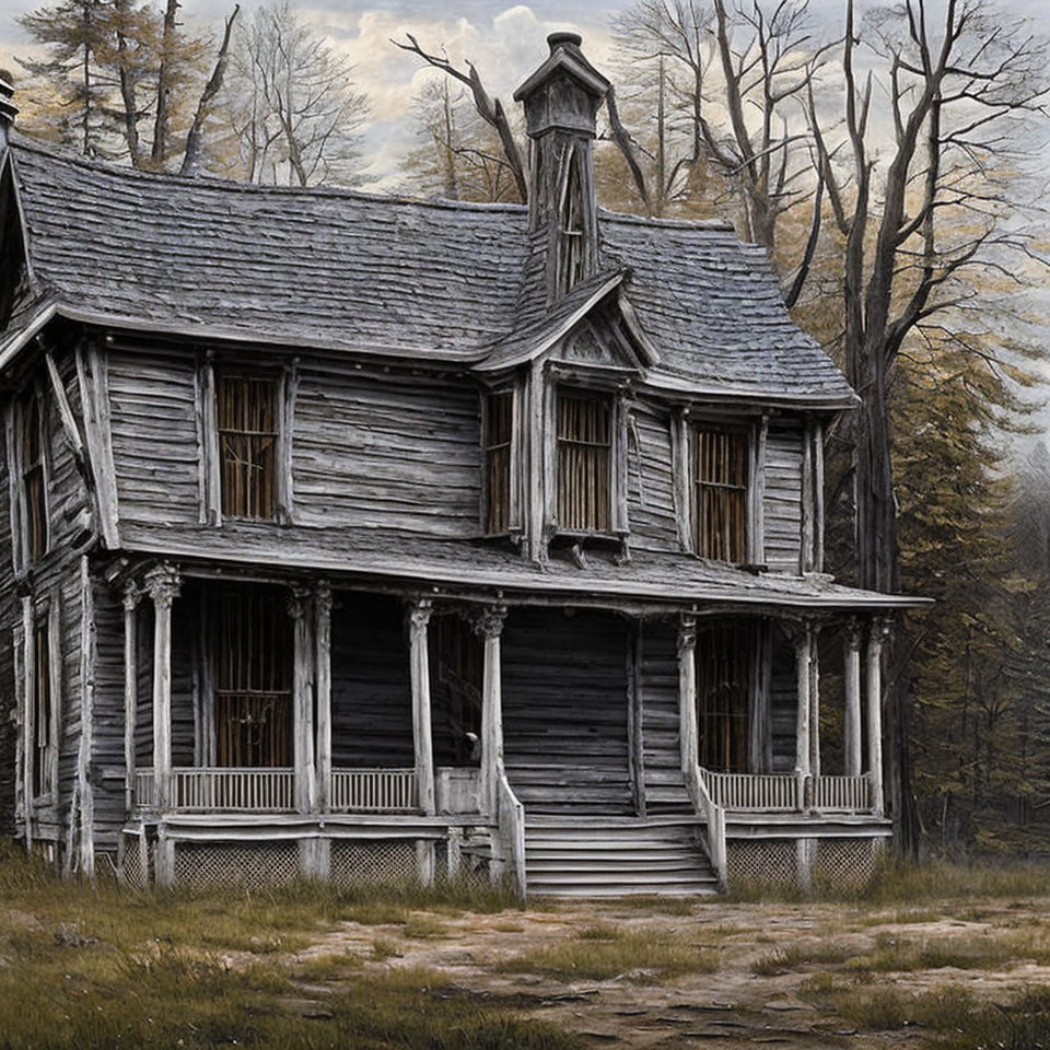 Weathered two-story wooden house with porch and bare trees, evoking neglect.