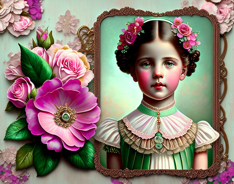 Vintage-style portrait of a girl with floral hair accessories and decorative frame.