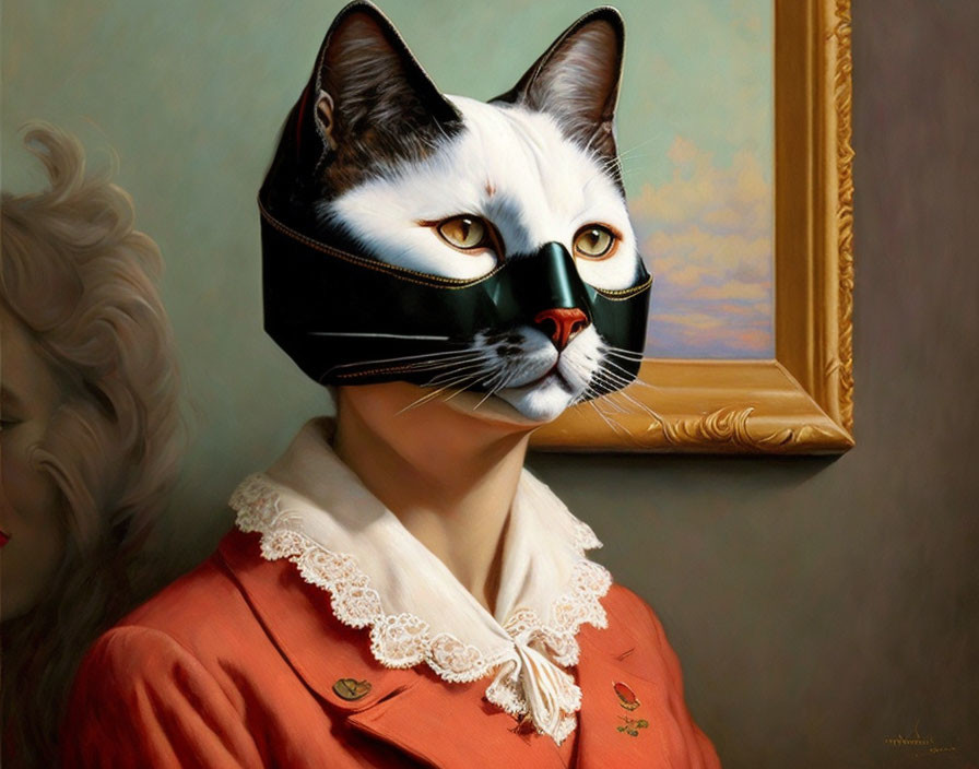 Person with Cat Head Wearing Mask in Vintage Attire with Portrait Background