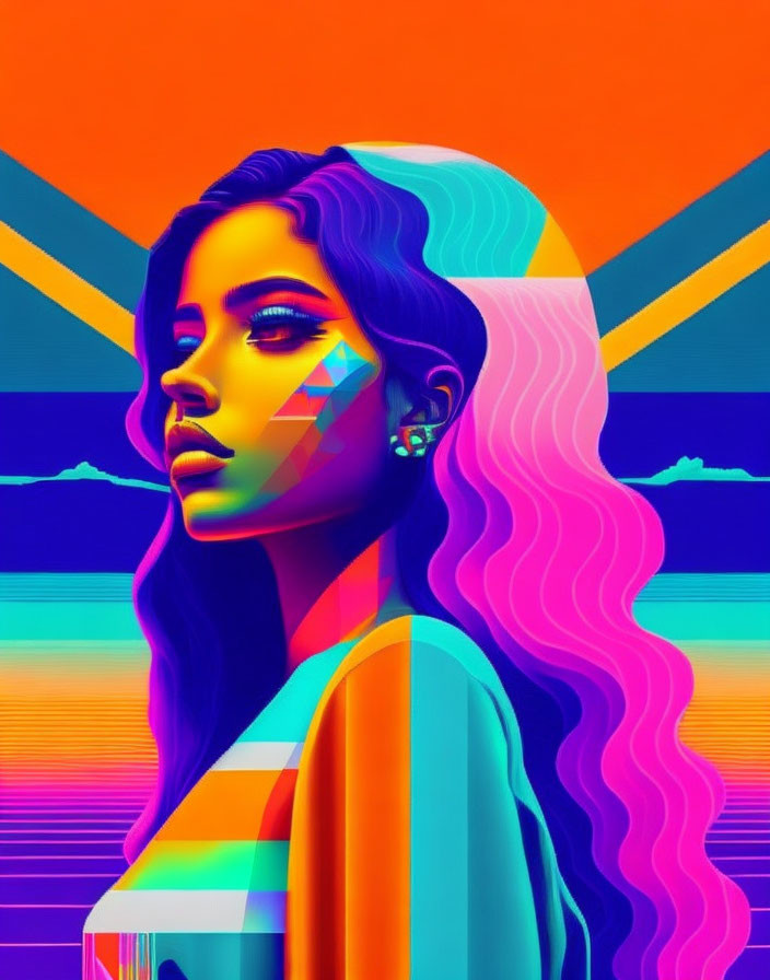 Neon color palette digital portrait of woman against sunset backdrop