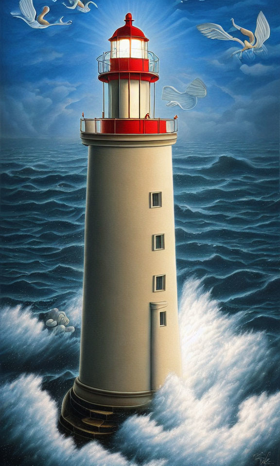 Surreal painting: lighthouse in ocean with swirling waves, birds, cloudy sky