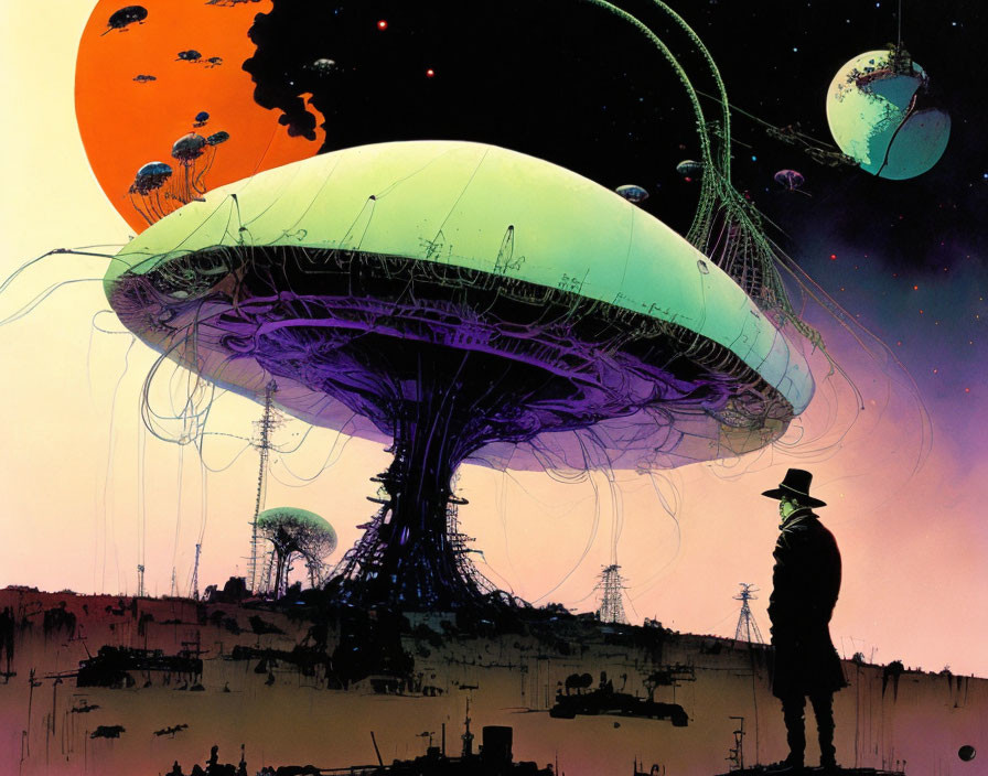 Silhouette of a person in sci-fi landscape with mushroom-like structures