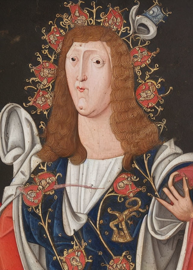 Historical portrait of a person in royal attire with long, wavy hair