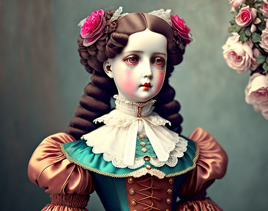 Porcelain doll with dark hair, pale skin, teal gown, lace collar