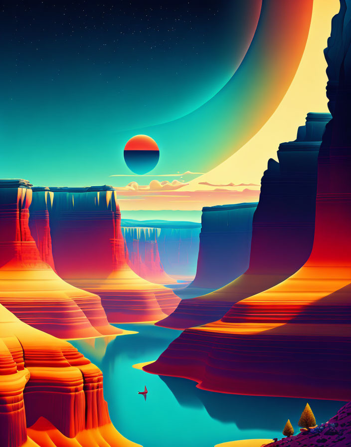 Surreal landscape with cliffs, blue river, planet, and figure tent