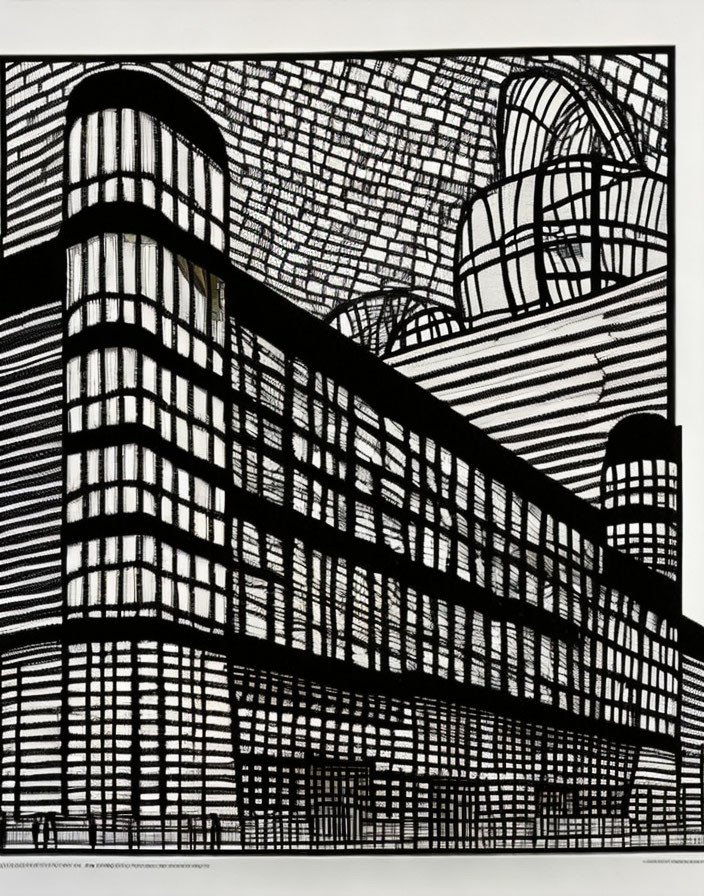 Monochrome geometric buildings with layered depth