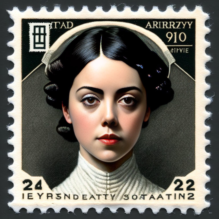 Portrait of woman with dark hair in buns on stamp with fictional markings