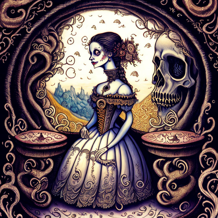 Gothic Victorian woman with skull face in ornate setting