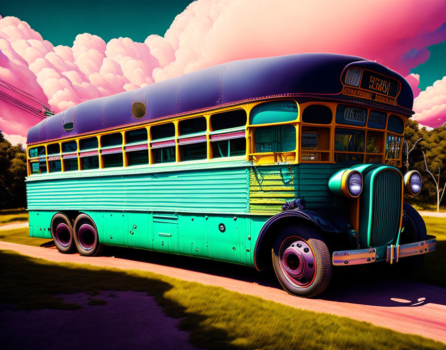 Vibrant teal and purple vintage bus under pink-clouded sky