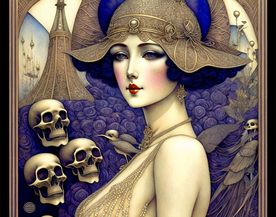 Stylized illustration of woman with vintage hat, Eiffel Tower, skulls, and purple hues