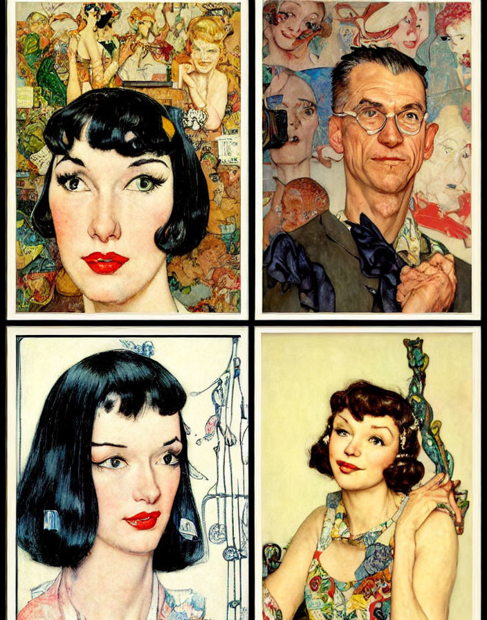 Vintage-style portraits of two women and two men with bob haircuts and glasses; colorful and detailed with