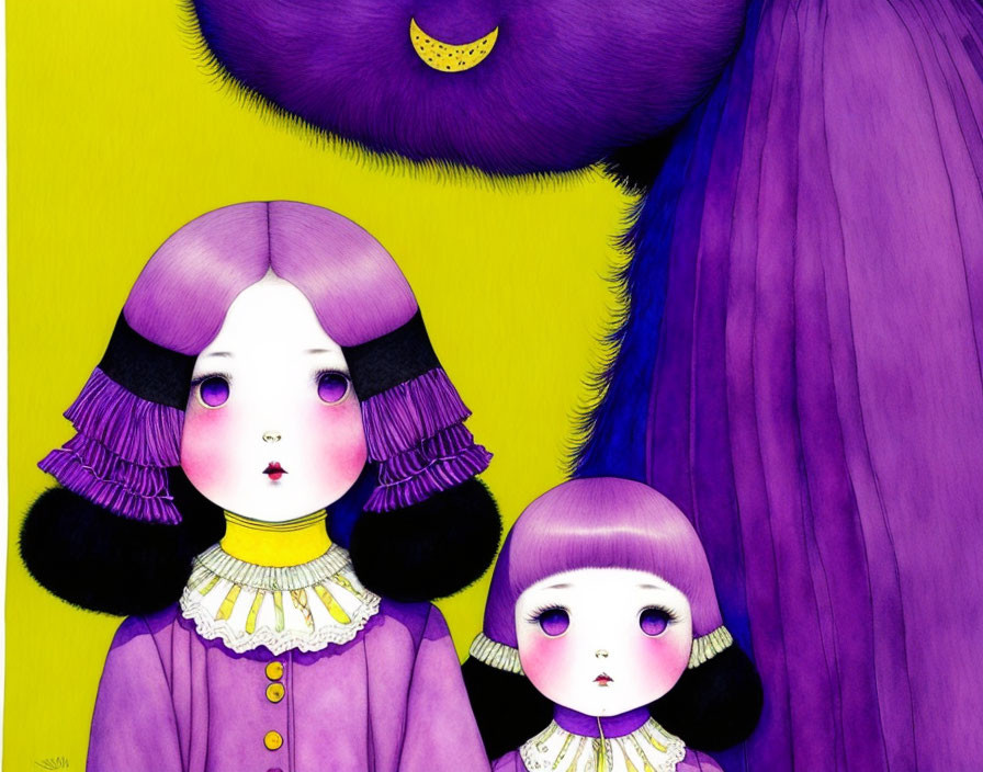 Two girls with pale skin in purple clothes on yellow background.