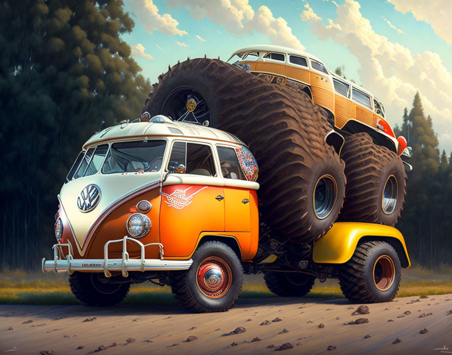 Illustrated Volkswagen bus with monster truck tires in forest clearing