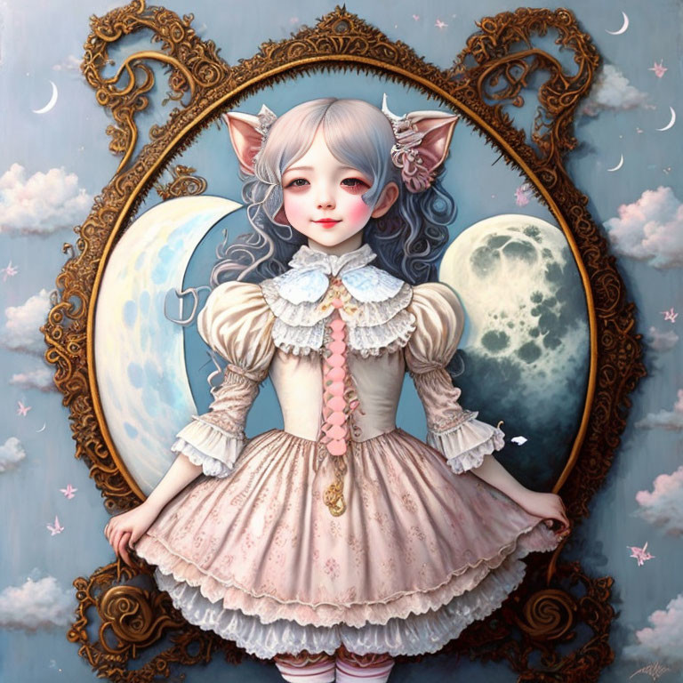 Fantasy portrait of a girl with elf ears in Victorian dress amid celestial moons and petals
