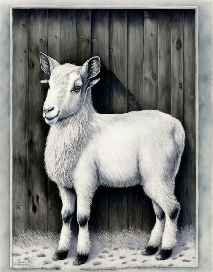 Monochrome goat illustration by wooden fence