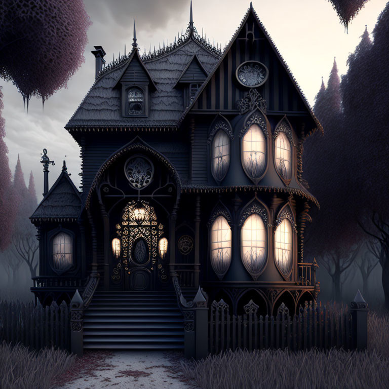 Gothic-style House with Illuminated Windows and Wrought-Iron Fence