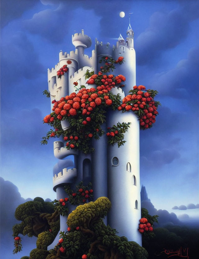 White Castle Tower Covered in Vines and Flowers Under Crescent Moon