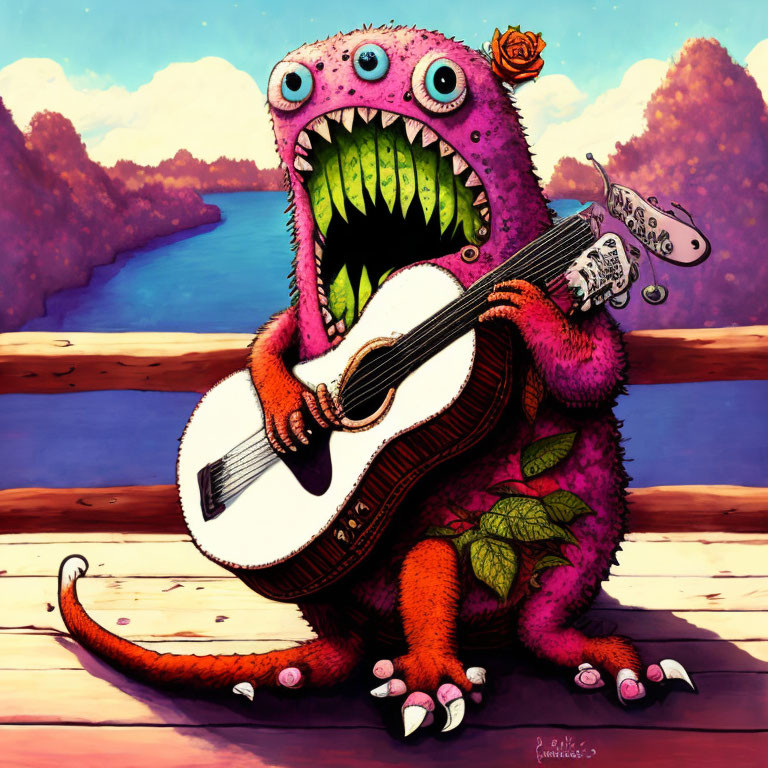 Pink four-eyed monster playing guitar by river with rose and leaves