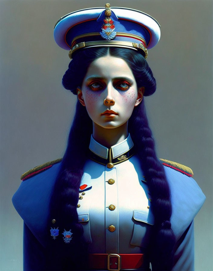 Portrait of woman in ornate military uniform with cap and braided hair