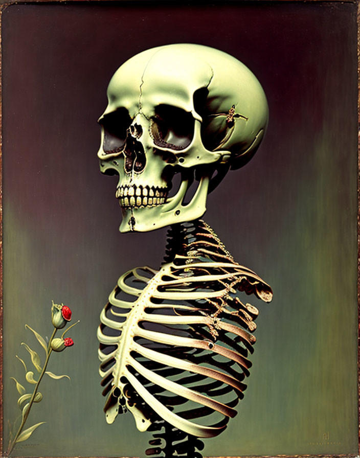 Detailed painting: Human skeleton with green stem and red buds on ribcage against dark background