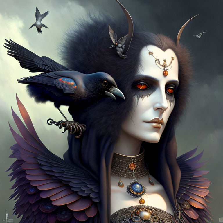 Fantasy portrait featuring pale-skinned figure with bird-like attributes, adorned with feathers and jewelry, accompanied