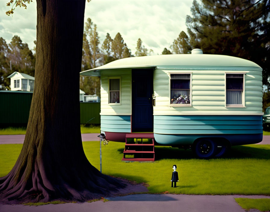 Vintage Caravan Parked by Tree with Figure Under Colorful Sky