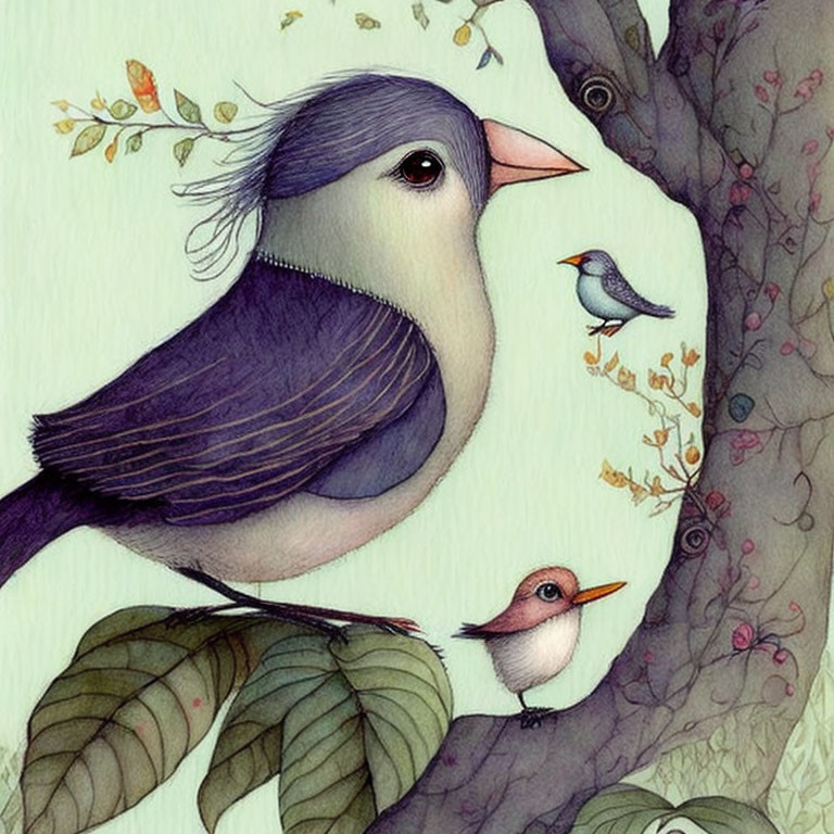 Whimsical birds with oversized heads on branches and leaves, one bird in flight