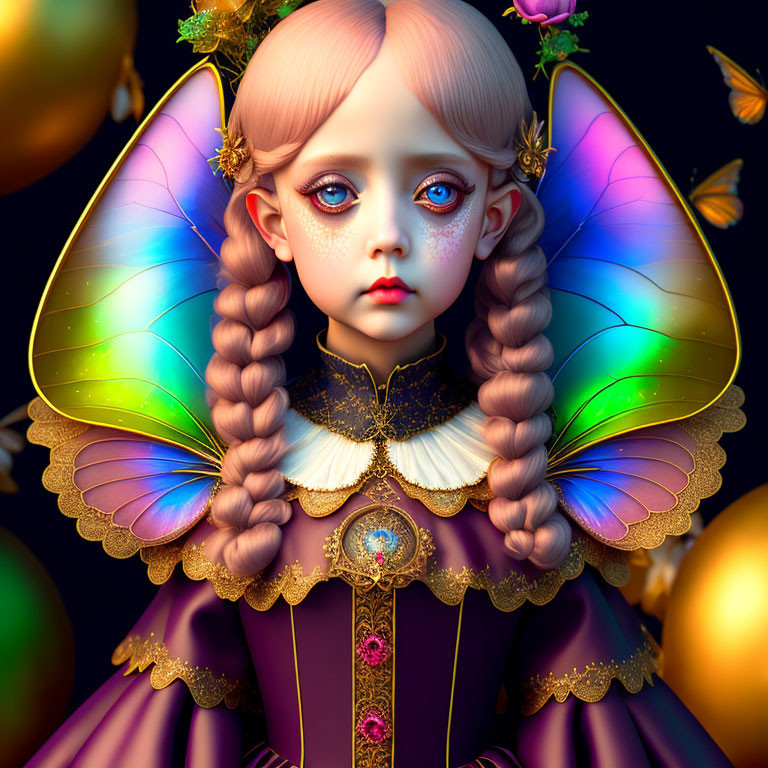 Digital artwork of a girl with butterfly wings and braided hair in a vintage dress with gold and jewels