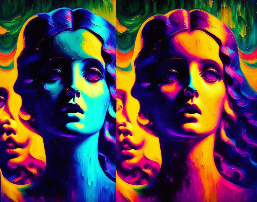 Colorful Psychedelic Painting of Multiple Female Faces