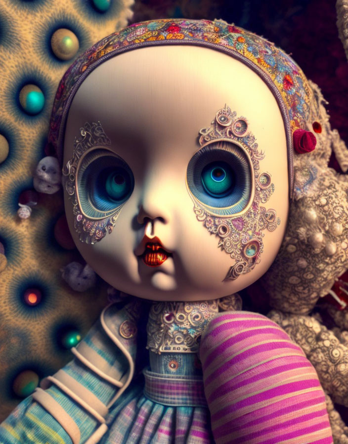 Detailed close-up of ornate doll with blue eyes and intricate patterns on textured background