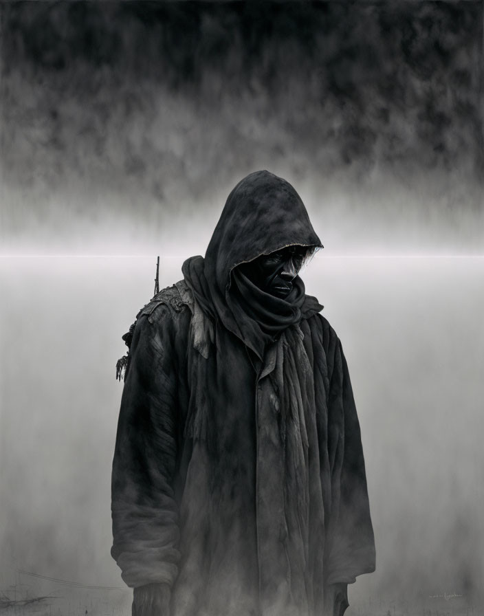 Hooded figure in fog creates mysterious atmosphere