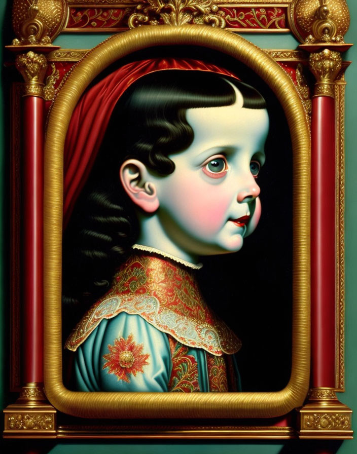 Child with Large Eyes in Golden and Red Frame with Red Curtain